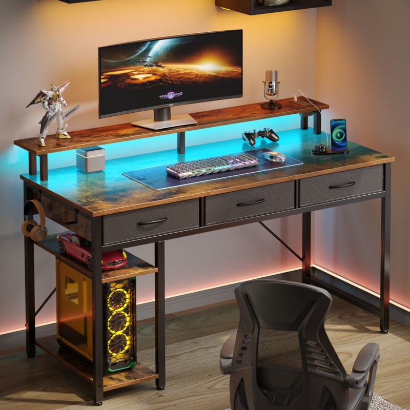 Abibatu Rectangle Computer Desk with Shelves, Office Desk with Power Outlets & RGB LED Lights