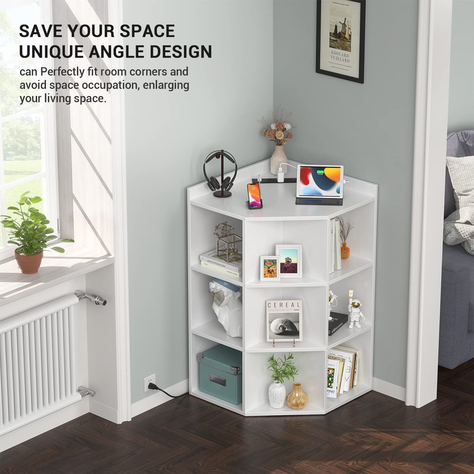 Aheaplus Corner Cabinet, Corner Storage with USB Ports and Outlets, Wooden Cubby Corner Bookshelf with 9 Cubes for Small Space, Corner Cube Toy Storag