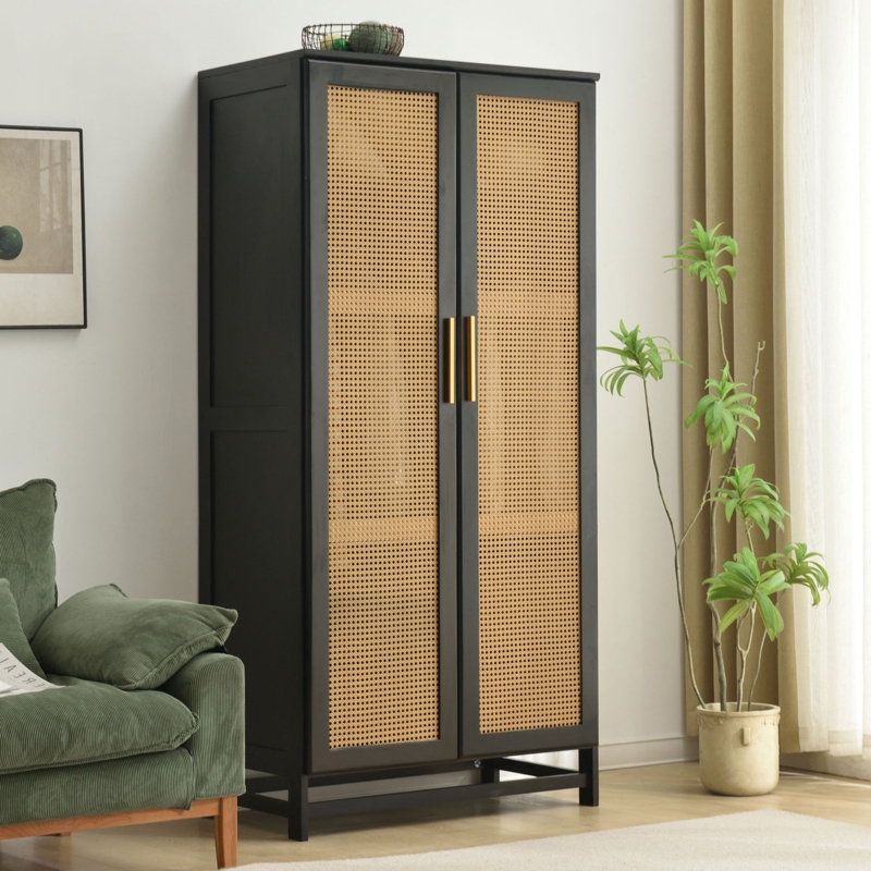 Albertha Solid Wood Wardrobe Rattan Doors