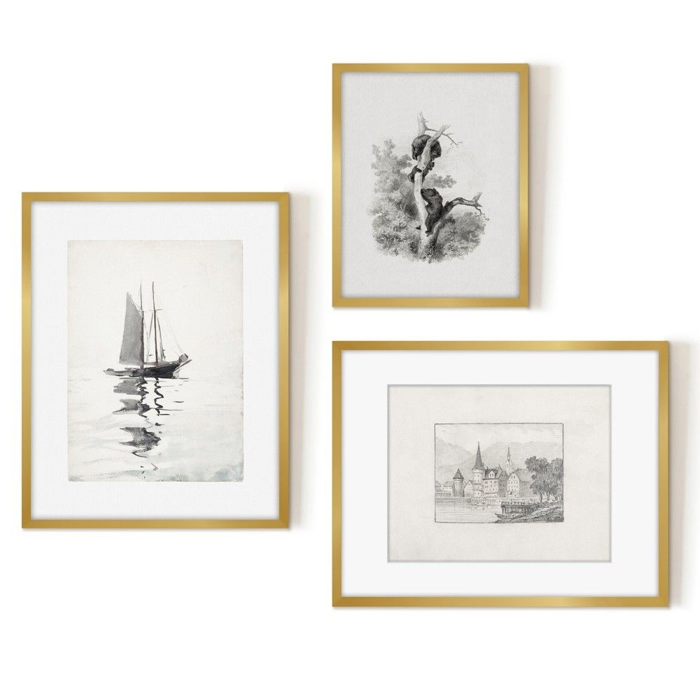 Americanflat 3 Piece Vintage Gallery Wall Art Set Gold Framed - Calm Sailing, Lucerne Sketch, Bears by Maple + Oak