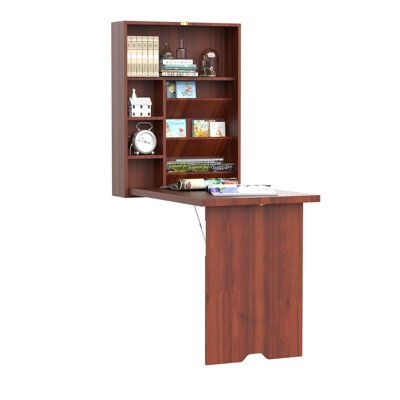 antfurniture Homcom Wall Mounted Mahogany Desk: Fold Out Convertible, Multi-function Computer Table w / Shelves For Home Office. Wood in Brown | 58.75 H x 37 W x 23.5 D in | Wayfair