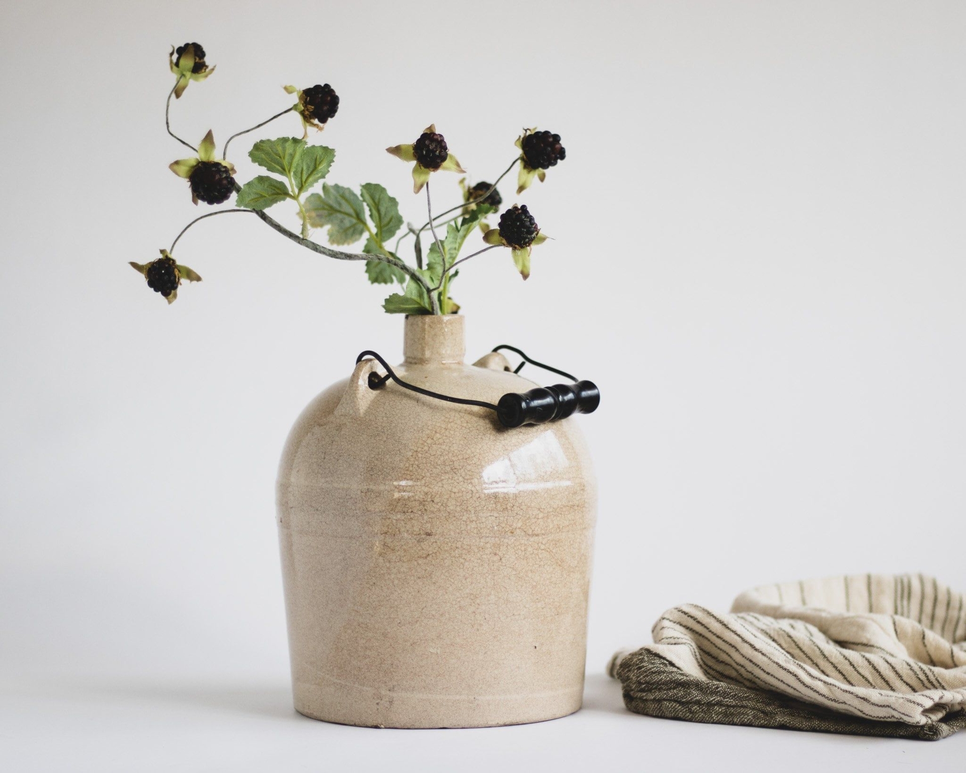 Antique Stoneware Crock Bottle with Wooden Handle, Modern Farmhouse Pottery, Rustic Ceramic Jug