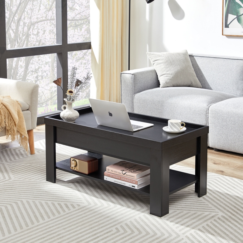 Arrik Minimalist Lift Top Coffee Table w/ Hidden Storage Compartment u0026 Open Shelves