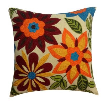 Auburn Textile Flower Embroidery Cotton Throw Pillow Polyester/Polyfill/Cotton in Brown, Size 17.0 H x 17.0 W x 3.5 D in | Wayfair