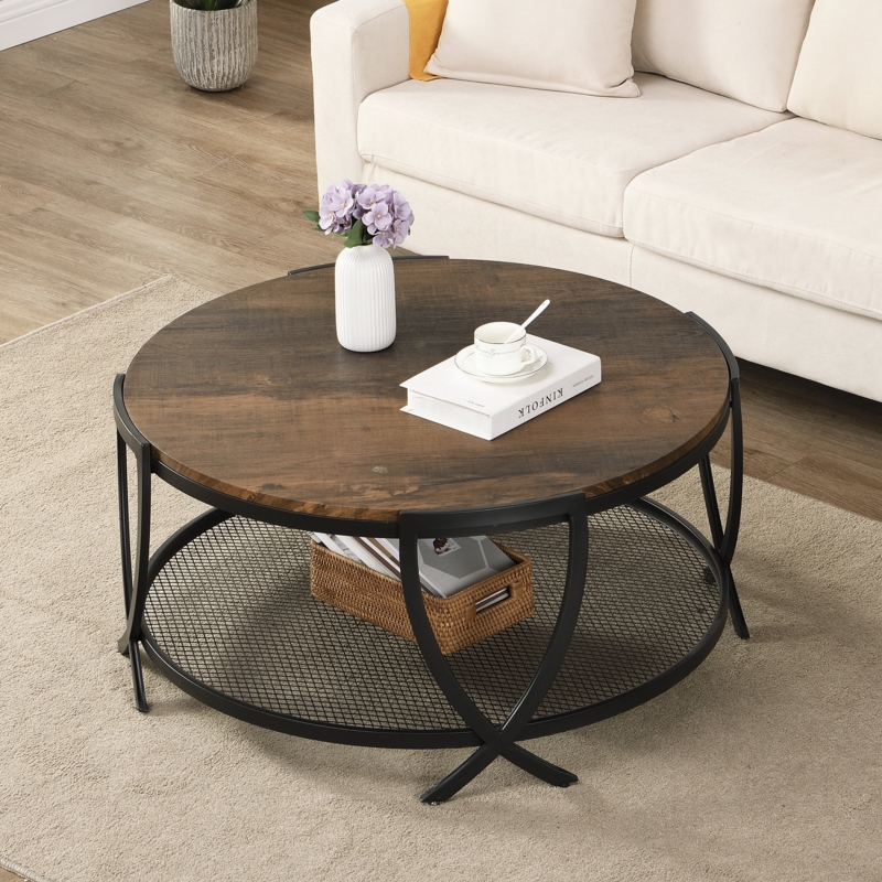 Aumiller 34 inch Round Coffee Table with Open Storage and Cross Metal Legs for Living Room