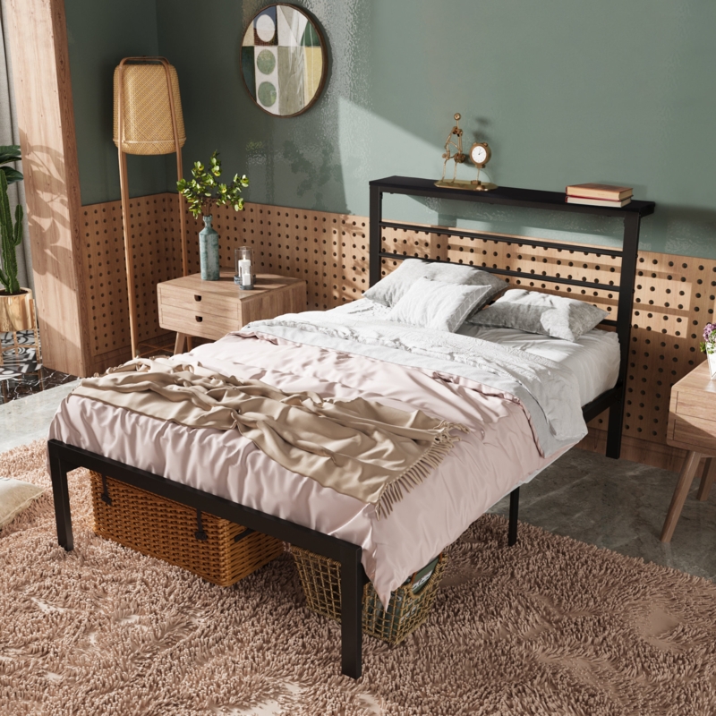Azaruddin Metal Storage Platform Bed with Headboard Shelf