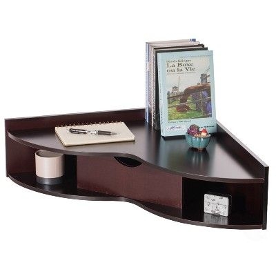 Basicwise Brown Corner Desk Heart Shaped Wall Mounted Office Table with Drawer and Two Shelves Computer Writing Desk