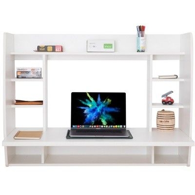 Basicwise Wall Mount Laptop Office Desk with Shelves, White