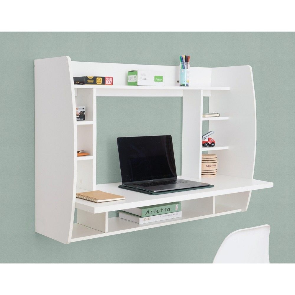 Basicwise Wall Mount Laptop Office Desk with Shelves, White