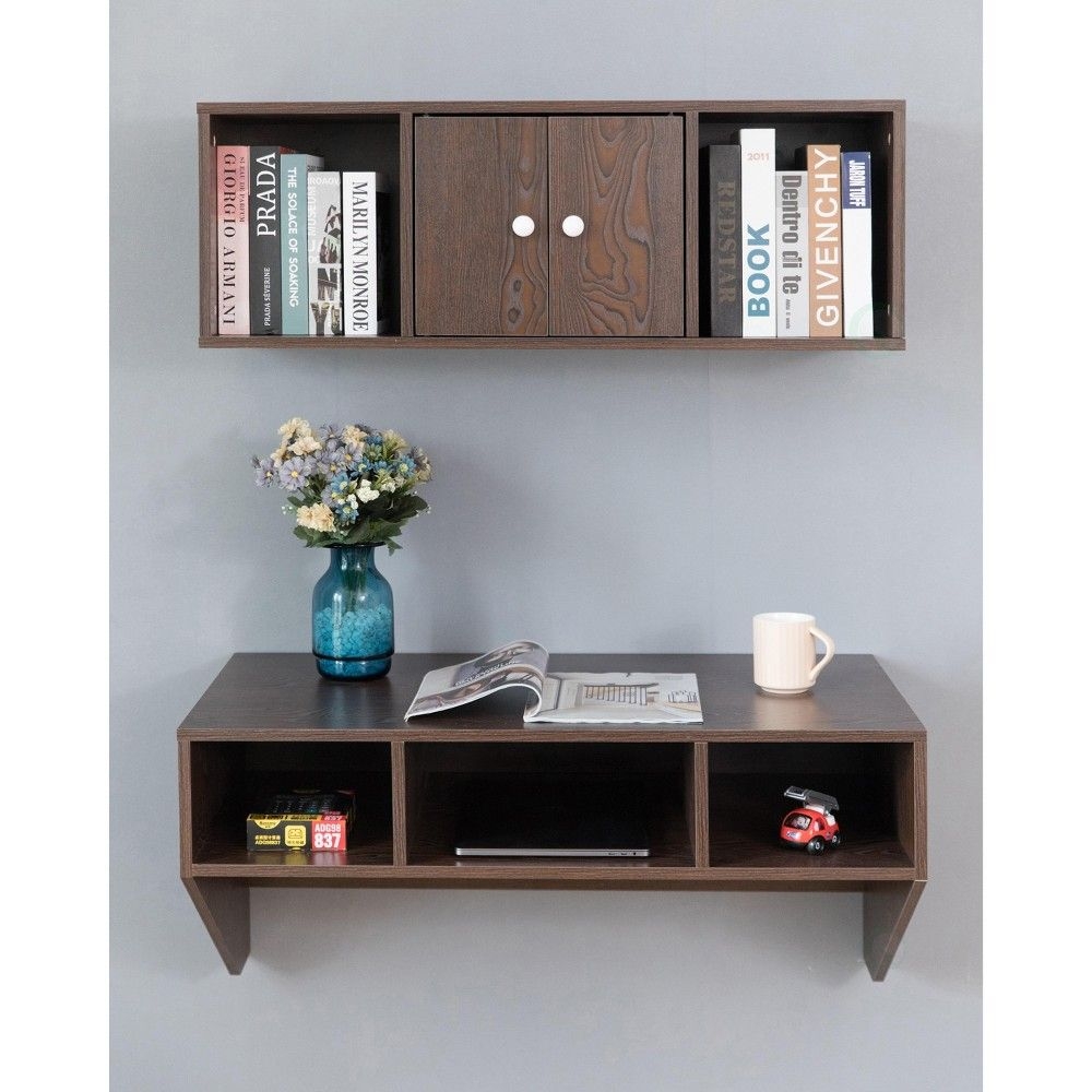 Basicwise Wall Mounted Computer Cabinet Floating Hutch, Brown