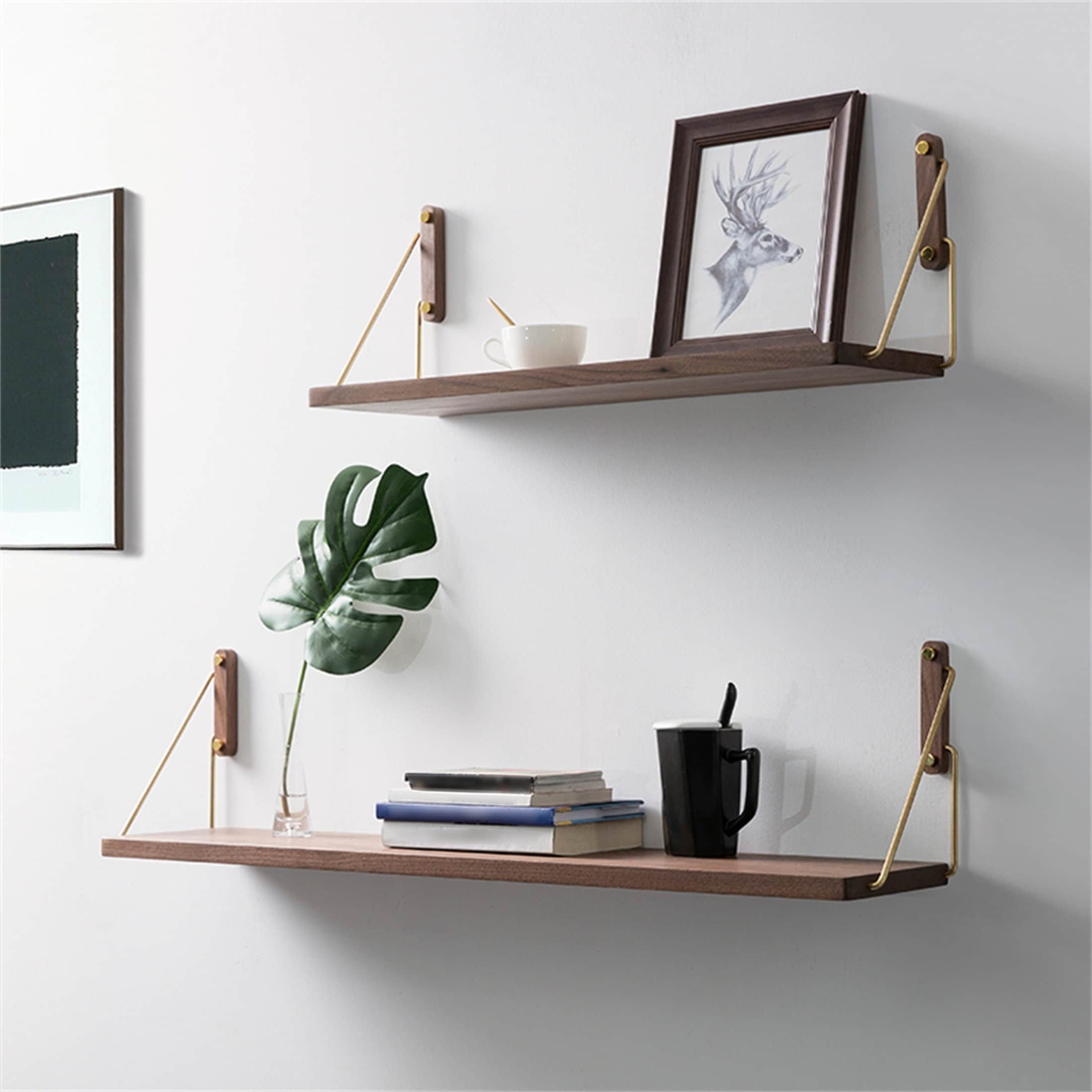 Black Walnut Wood Shelf, Study Wall Hanging Shelf, Shelf Organizer, Home Decor, Living Room Bookshelf, Solid Wood Brass Hanging Shelf