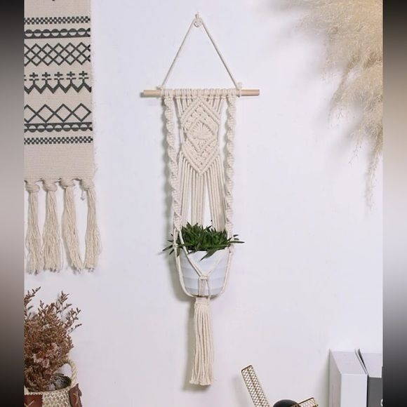 Bohemian Chic Natural White Cream Macrame 4 Inch Hanging Plant Holder One Size | Color: Cream/White | Size: Os