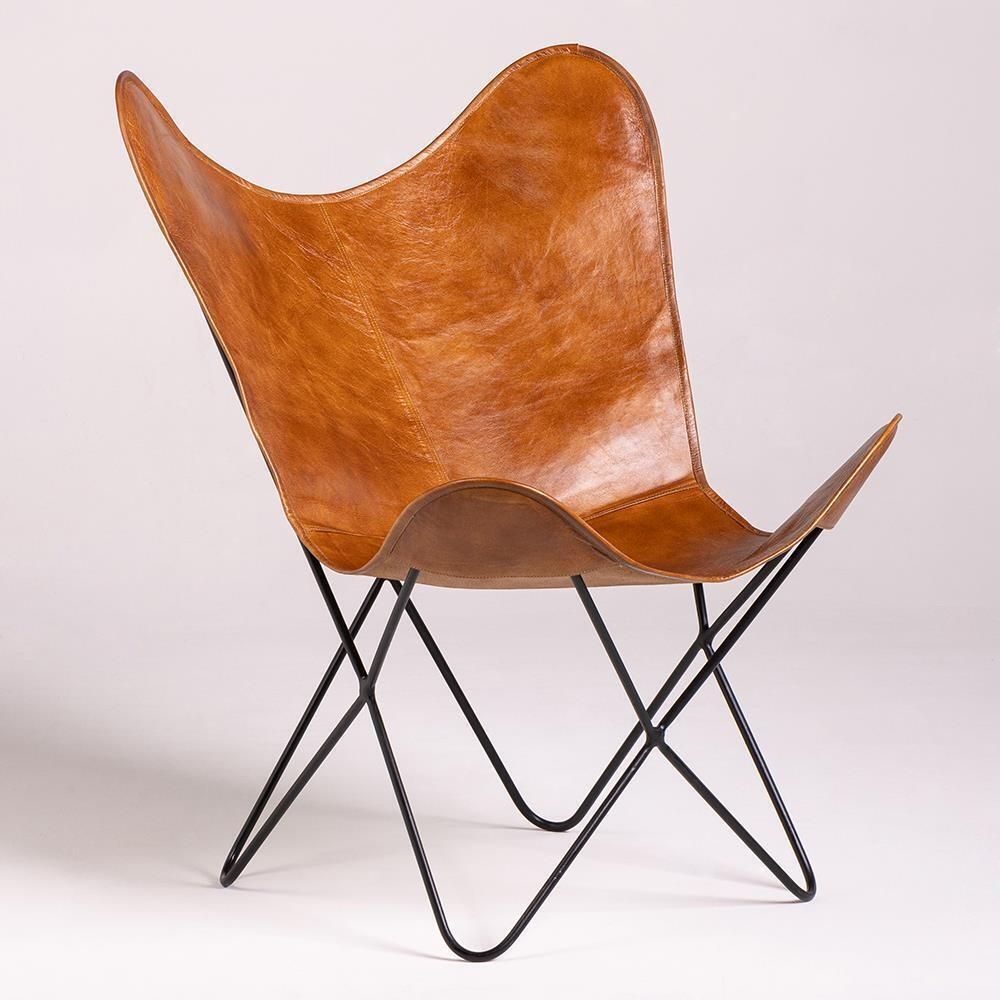 Butterfly Accent Chair Tan Real Leather Seat Black Bkf Style Metal Base