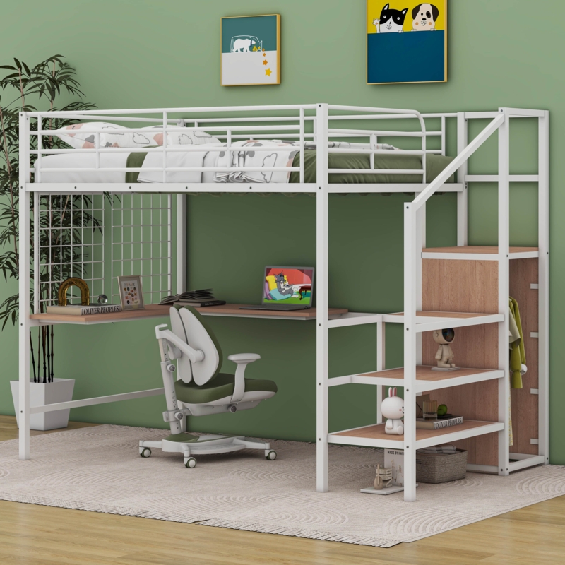 Byadbo Full Size Metal Loft Bed with Desk, Metal Grid Lateral, Storage Ladder and Wardrobe
