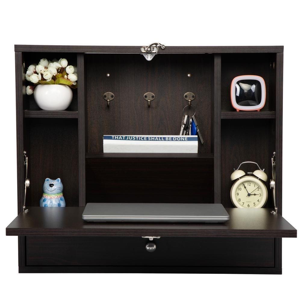CIPACHO 20 in. Rectangle Walnut Color MDF 1 Drawer 6 Opening Shelves Floating Desk, Brown