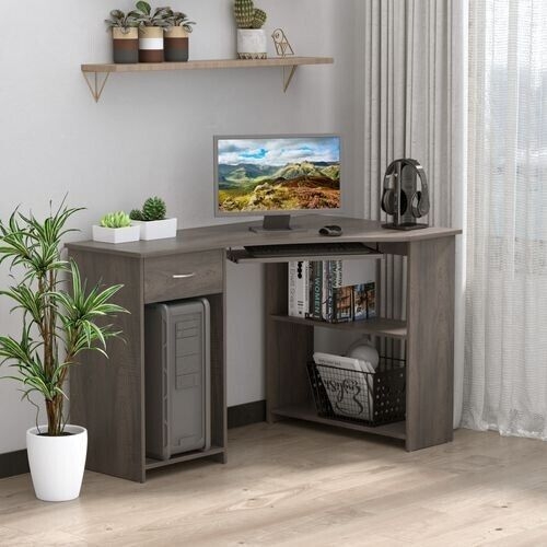 Corner Desk With Drawers Storage Shelves Home Office Furniture L Shaped Table Uk