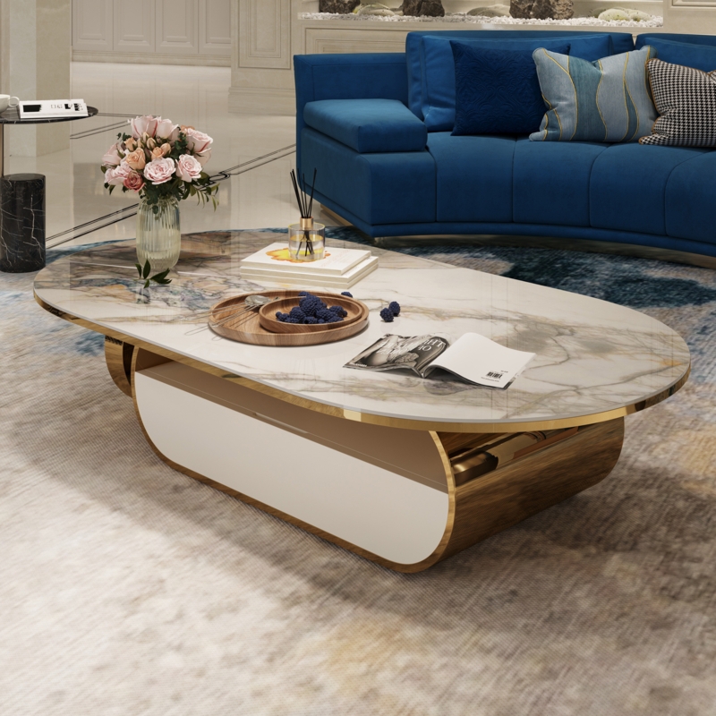 Courtlandt Ultra-Modern Oval Coffee Table Faux Marble Living Room Table with Storage