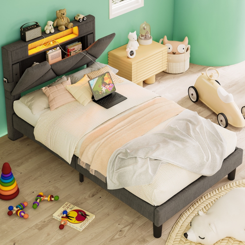 Couvertt LED Lights Upholstered Bed with Storage Headboard and Charging Station