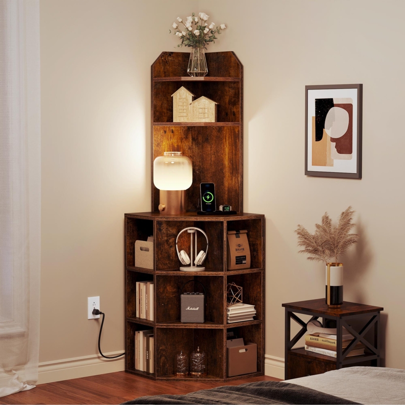 Darley 26.2" W Wood Corner Bookcase with Charging u0026 Compartments