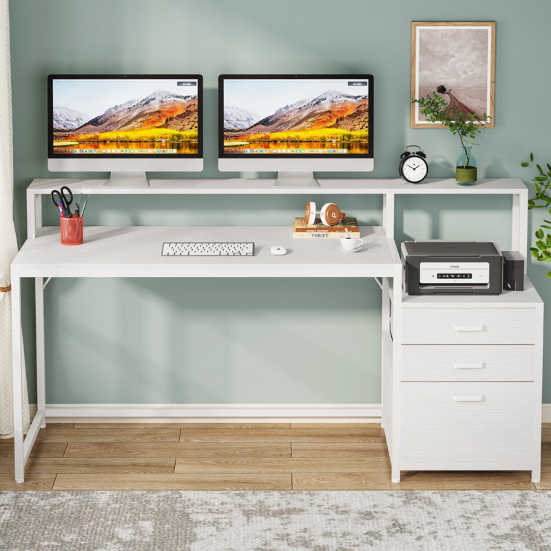 Denfield Desk with Hutch, Drawers, File Cabinet, Elevated Monitor Riser Stand