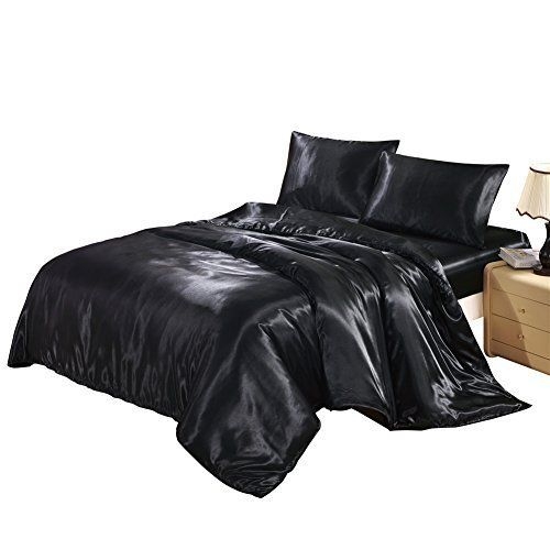 DREFEEL King Duvet Cover Black Silk Like Satin Fall Bedding, Soft Comfortable Breathable Lightweight Fade Stain Resistant Solid Dark Hotel Quilt/Comforter Case Set