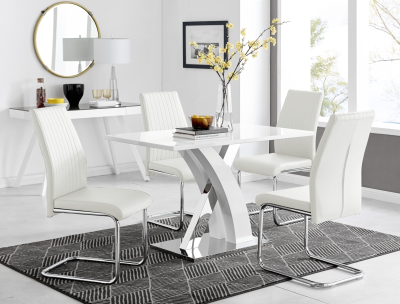 Edzard Chrome & White High Gloss Dining Table Set with 4 Luxury Faux Leather Dining Chairs
