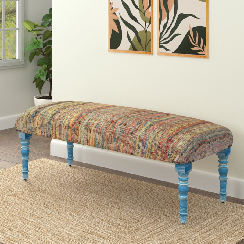 Einir Modern Boho Multicolor/Blue Striped Handmade Upholstered Bench