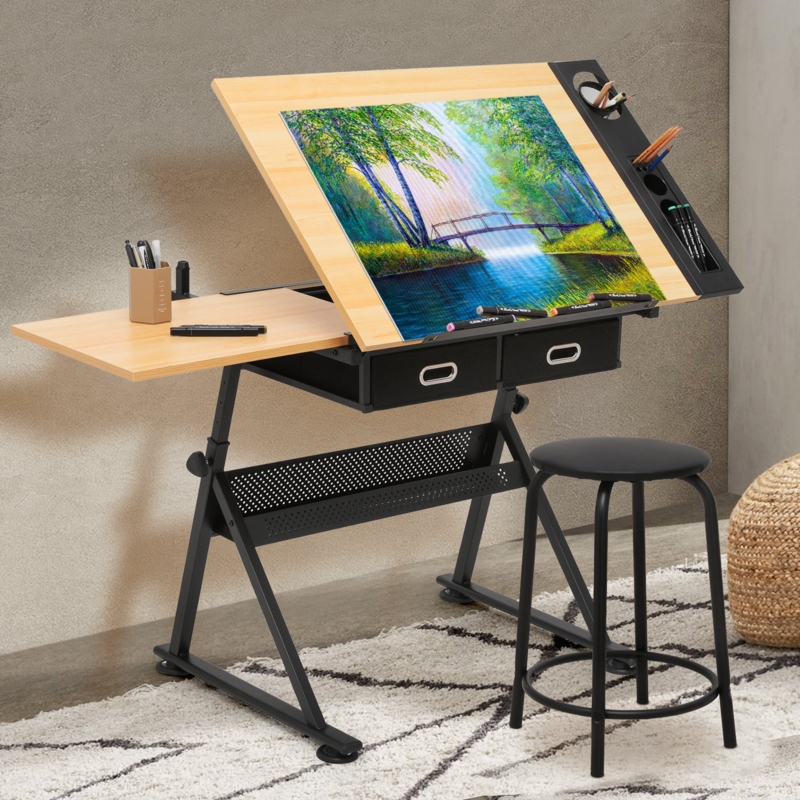 Elizabeth Draft Desk Drawing Table with Stool Set, Height Adjustable Desk Tiltable u0026 Slide-Out Tabletop