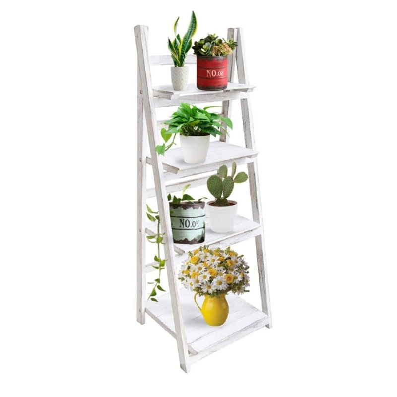 Eri Rectangular Multi-Tiered Foldable Ladder Solid Wood Plant Stand