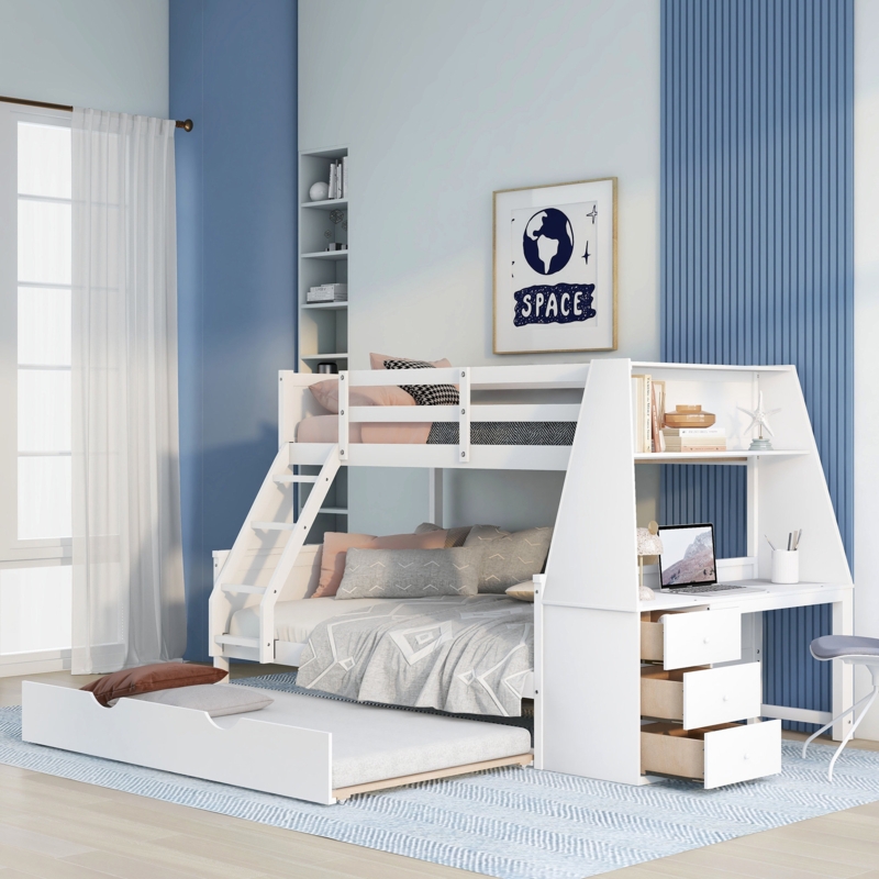 Evanghelina Twin Over Full Bunk Bed with Trundle and Built-In Desk
