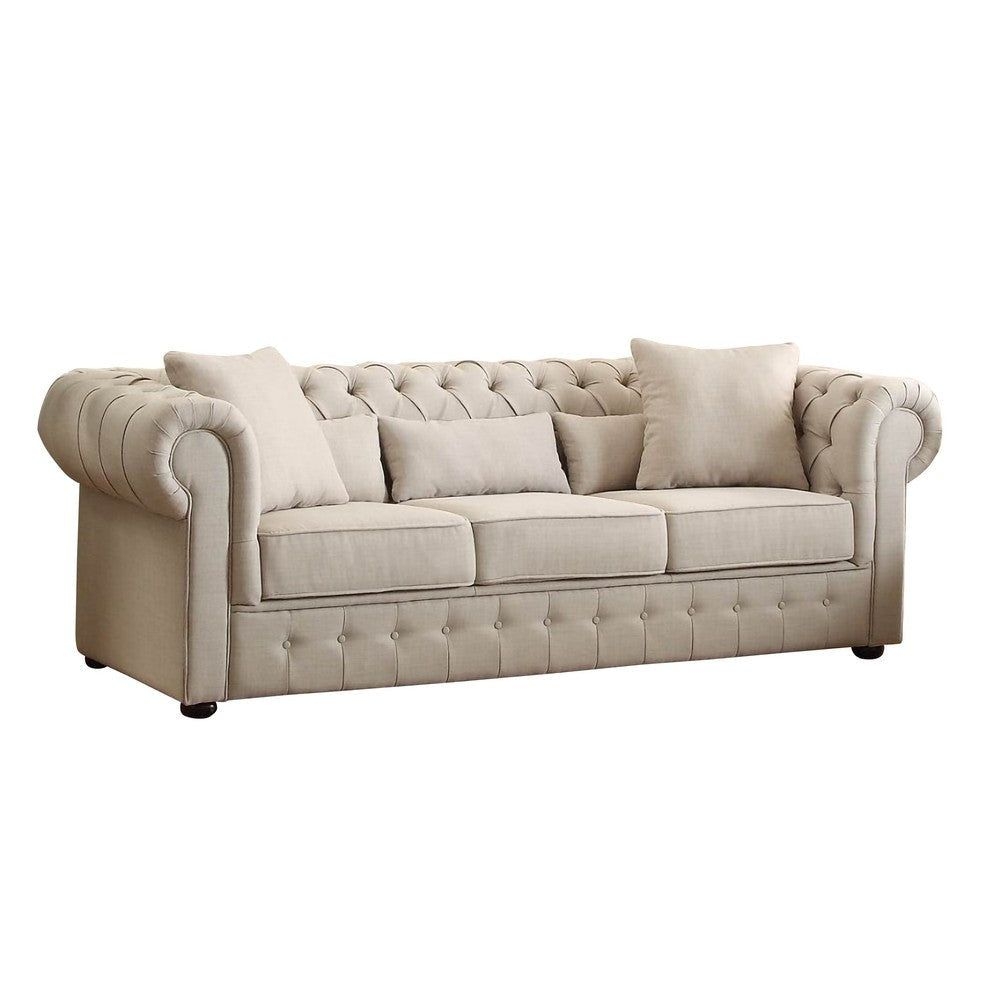 Fabric Upholstered Button Tufted Sofa With 5 Pillows, Beige By Casagear Home - Beige / 32 H x 39.75 W x 98.5 L Inches