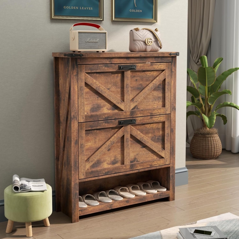 Farmhouse Shoe Cabinet, Free Standing Tipping Bucket Shoe Rack Organizer with 2 Flip Drawers