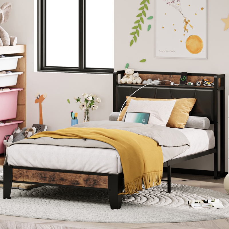 Fateemah Vegan Leather Metal Bookcase Storage Bed
