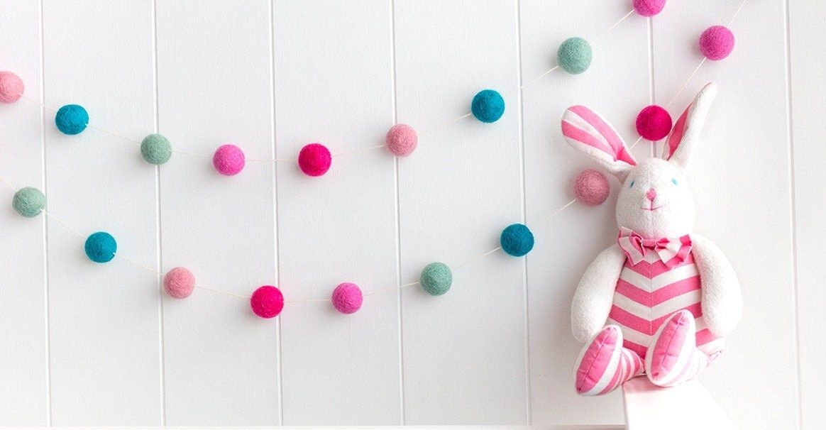 Felt Ball Garland. Pink Turquoise Pom Pom Garland. Girls Room Decor. Nursery Bunting. Birthday Party Garland. Photo Props. Mint Aqua