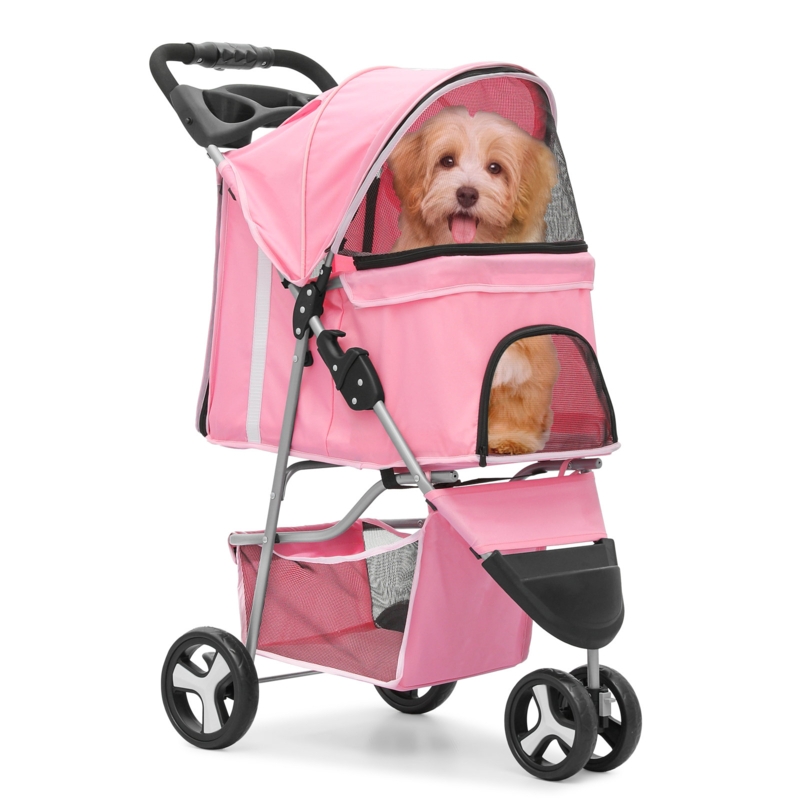 Foldable 3 Wheel Dog Cage Cat Joggor Stroller Cart with Weather Cover, Storage Basket