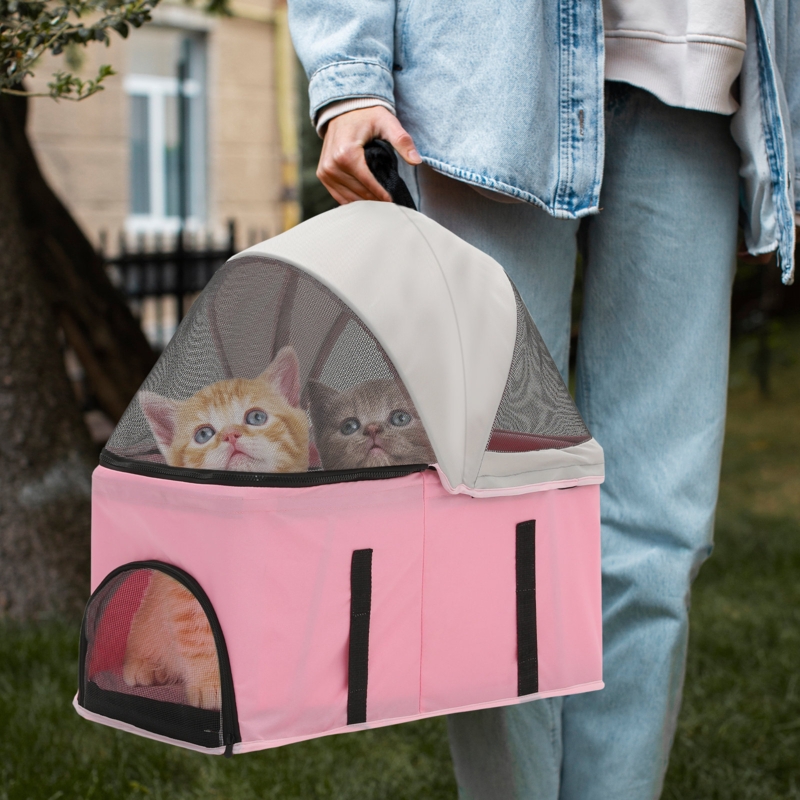 Folding Pet Stroller Cat Dog Carrier Cart with Detachable Storage Basket Cup Holder