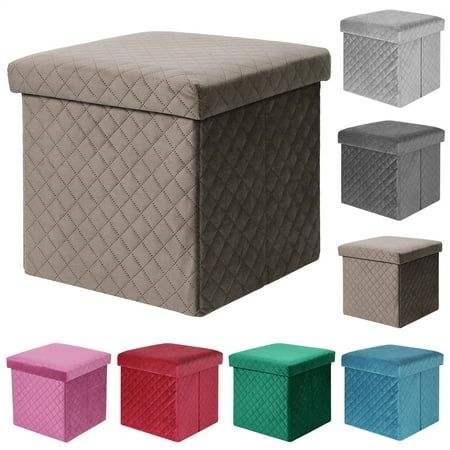 Folding Storage Ottoman Cube Velvet Tufted Space-Saving Toy Box Foot Rest Stool Seat for Home Bedroom, 11.8", Size:11.8", Brown