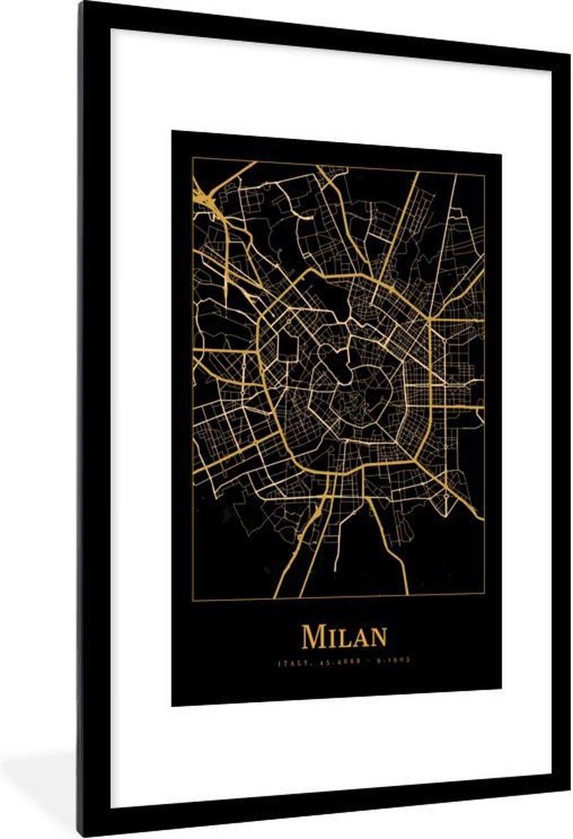 Fotolijst incl. Poster - Kaart - Milaan - Goud - Zwart - 80x120 cm - Posterlijst