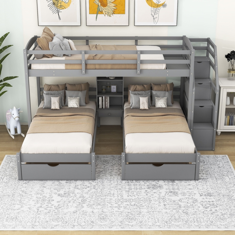Francenet Twin Over Twin & Twin 3 Drawer L-Shaped Bunk Beds with Shelves