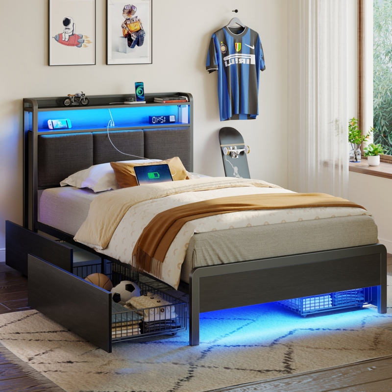 Franzi Bed with Storage Headboard, 4 Drawers, Charging Station and LED Lights