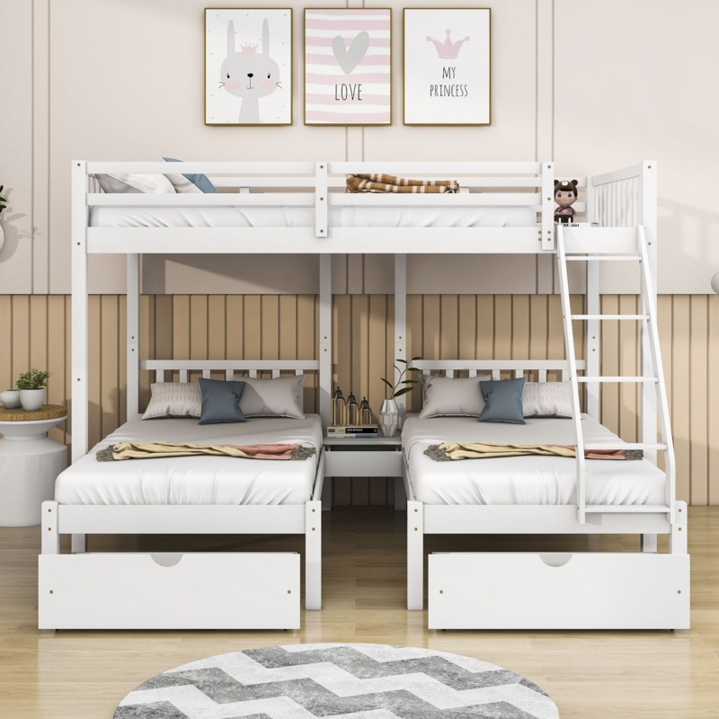 Full over Twin & Twin 3 Drawer Triple / Quad Bunk Bed with Shelves by Harriet Bee