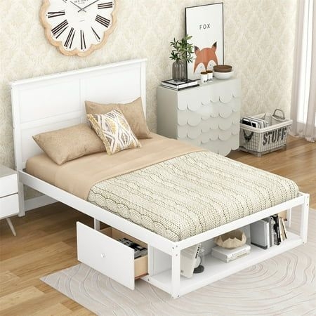 Full Size Platform Bed Frame with 2 Integrated Storage Drawers & 1 Shelf, Solid Wood Low Profile Bed Frame with Headboard, Mattress Foundation with Wooden Slats Support, No Box Spring Needed, White