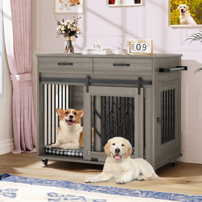 Furniture-Style 2-Room Wooden Dog Crates with Divider, Wheels, 2 Drawers