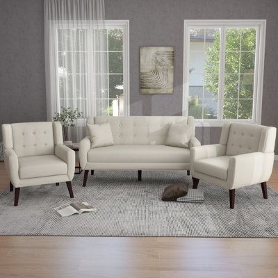 George Oliver Gorana 3 Piece Reclining Living Room Set Linen, Wood in White | Wayfair Living Room Sets