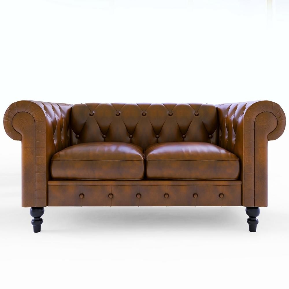 Grosofi Lissoni 61 in. Leather Rectangle Round Arm Velvet 2-Seater Chesterfield Straight Sofa in Brown