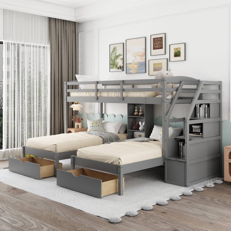 Gurjeet Twin over Twin&Twin Kids Bunk Bed with Drawers
