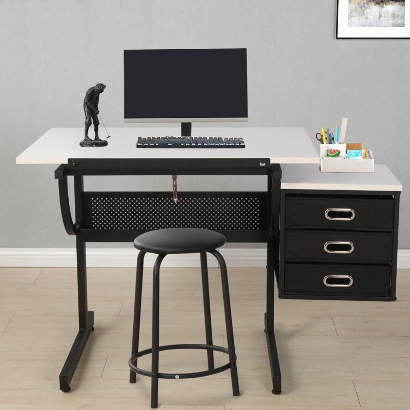 Gwathney 45.67" Adjustable Drafting and Drawing Table with Stool