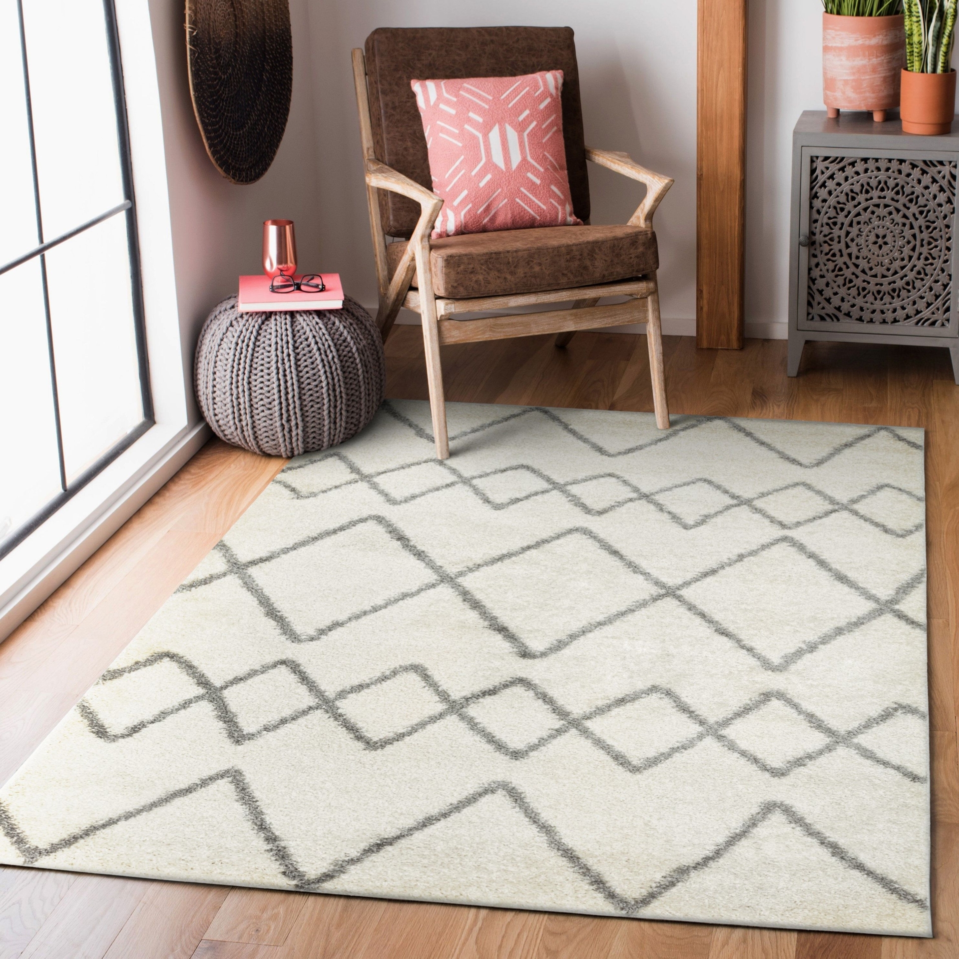 HomeArt Fluffy Shaggy RUG for Living Room, High-Pile (30mm) Super Soft Warm Lined Herringbone Thick Luxury Area Carpet (White)