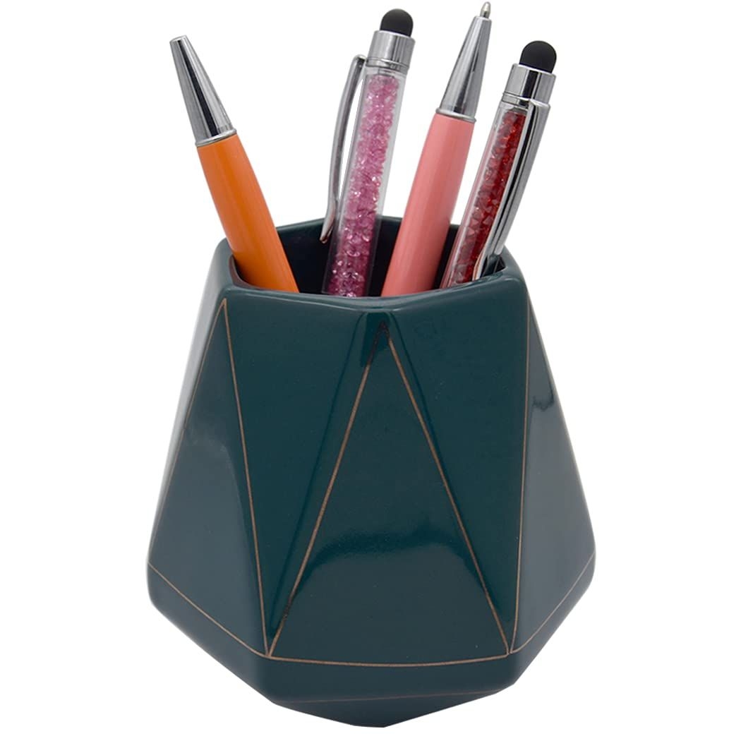 Hoshen Ceramic Geometric Polyhedron Pen Holder, Golden Striped Line, For Desk Use, Cosmetic Brush Holder, Ceramic Pen Holder, Suitable for Home OfficeEmerald Green