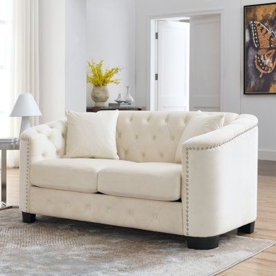 House of Hampton 59-Inch Modern Chesterfield Velvet Sofa w / Nailhead Arms & 2 Cushions in Brown | Wayfair